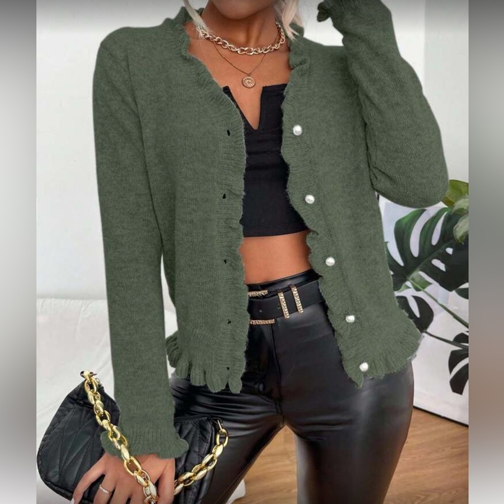 Green Ruffled Button-Up Sweater - Picture 3 of 5